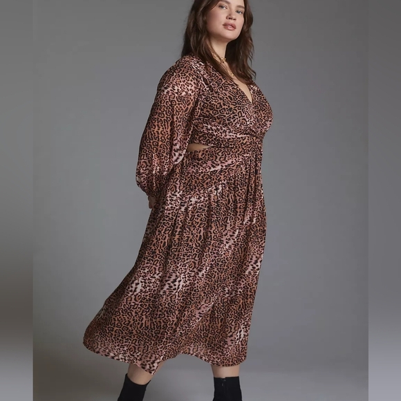 Anthropologie Ranna Gill Leopard Cut Out Midi Long Sleeve V-neck Dress Size 1X - Picture 3 of 16